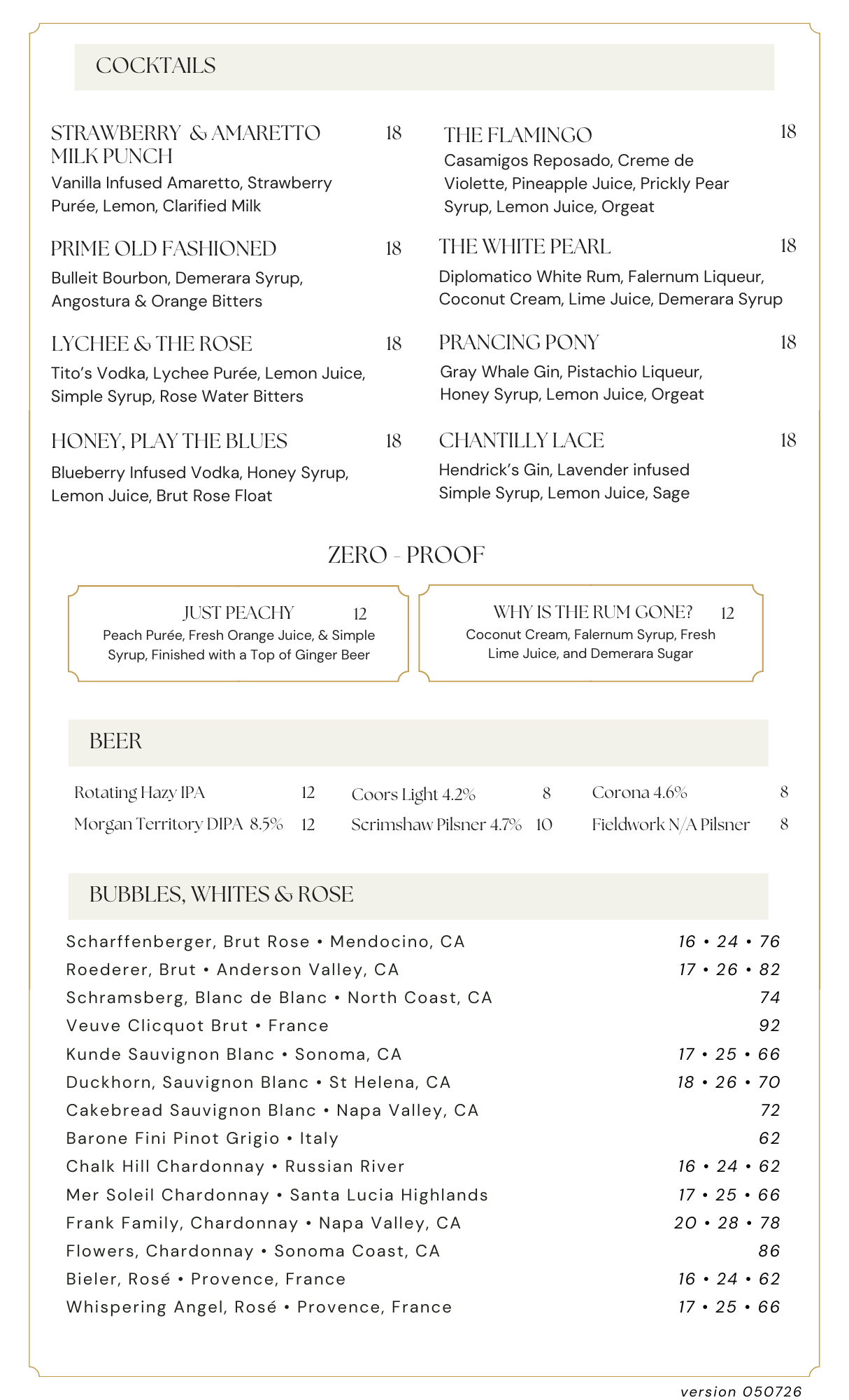 Prime Drink Menu with cocktails, beer, and bubbles