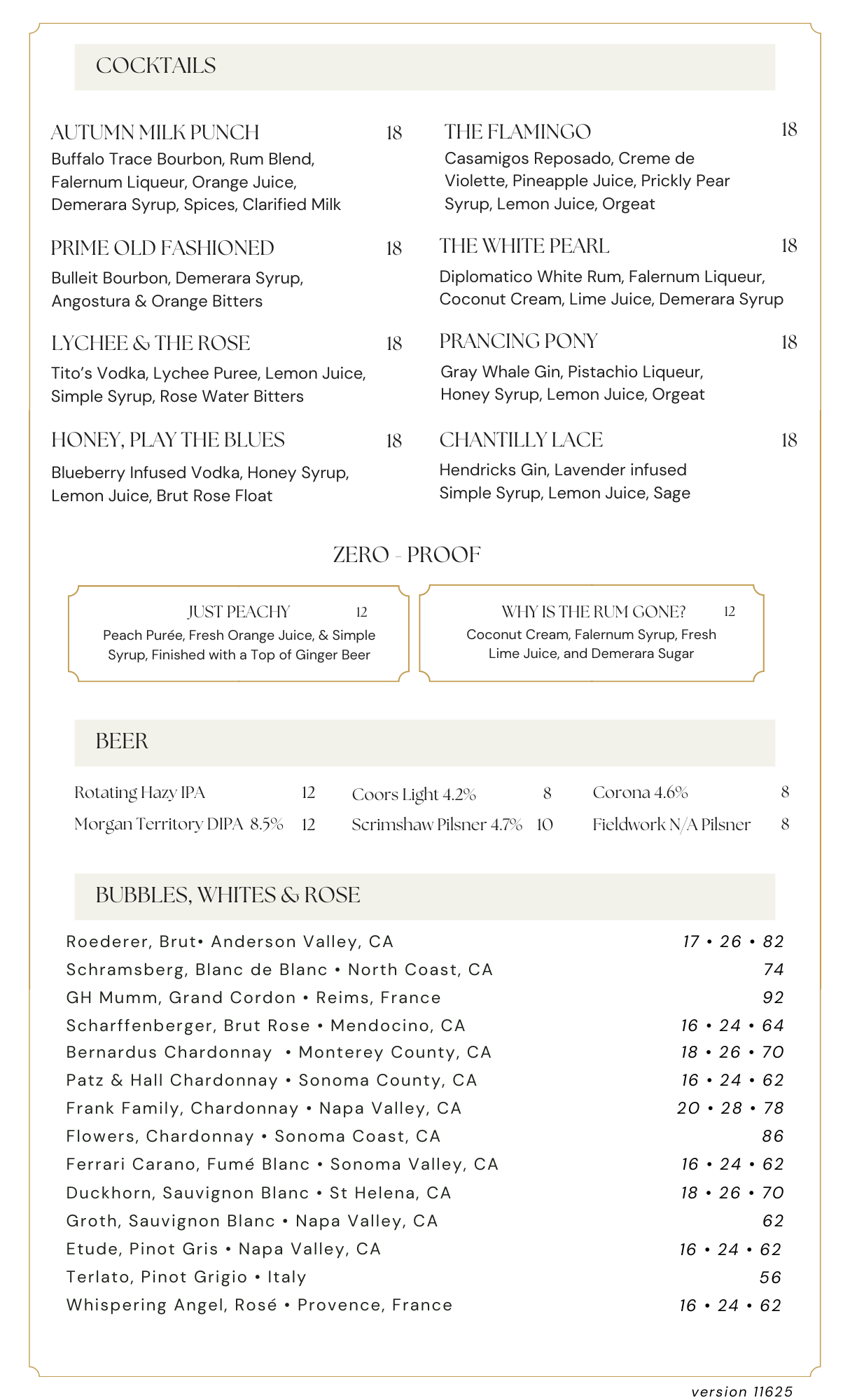 Prime Steakhouse Cocktails, Beer, and Wines