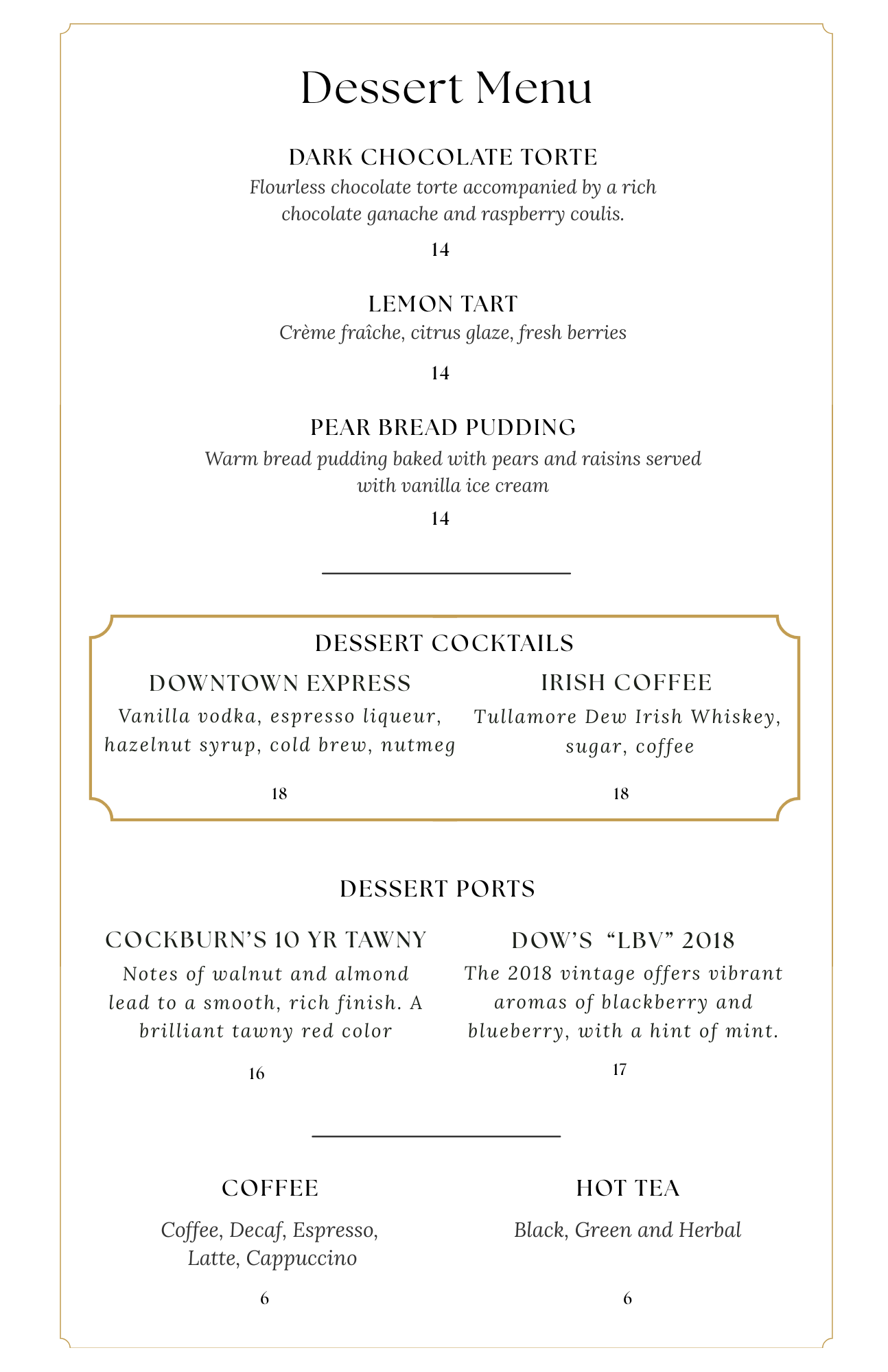 Prime Steakhouse Dessert Menu