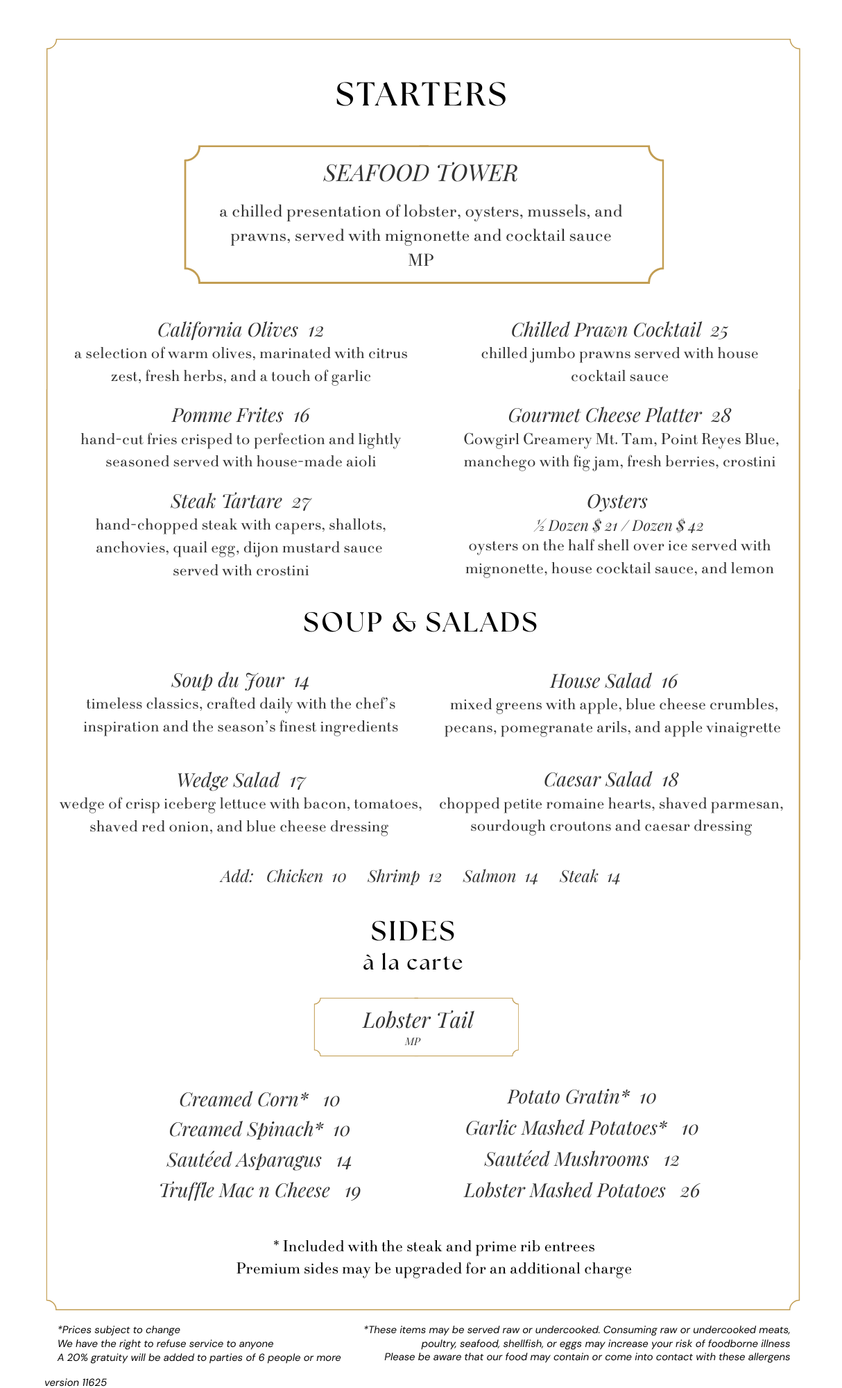 Prime Steakhouse menu featuring starters, soup & salads, sides