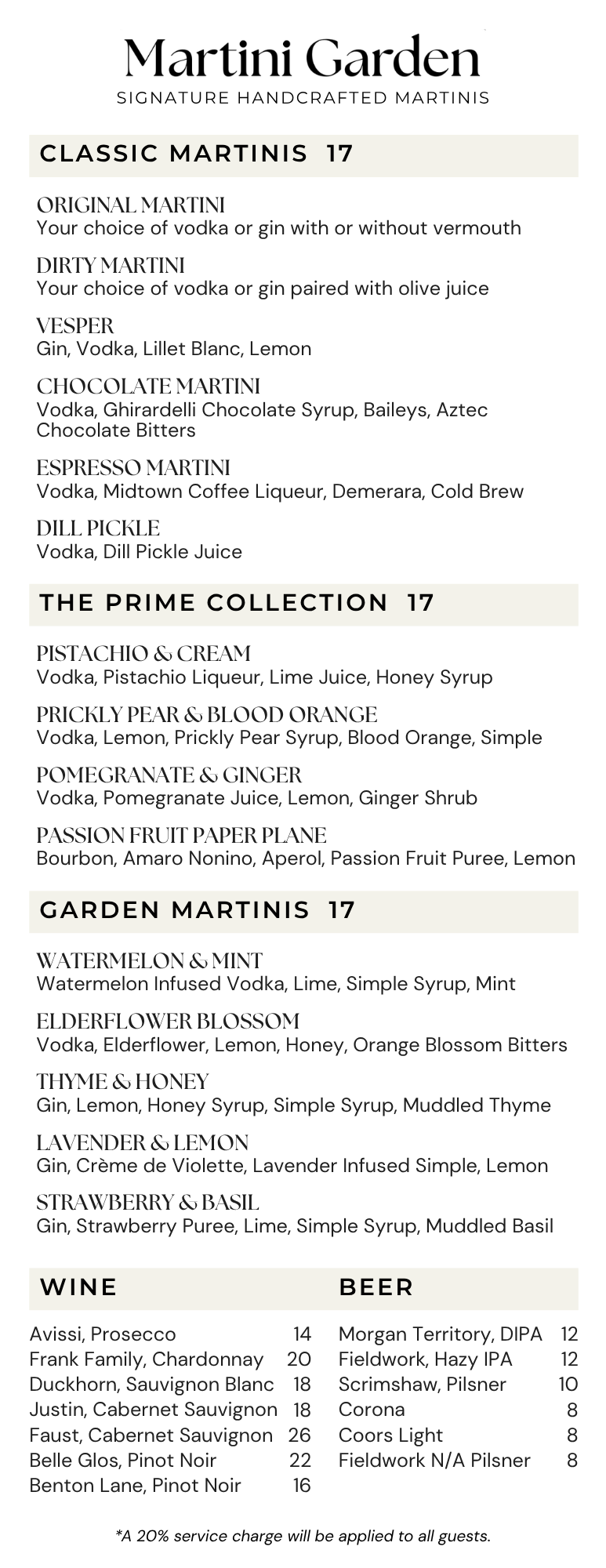 Martini menu plus wine and beer