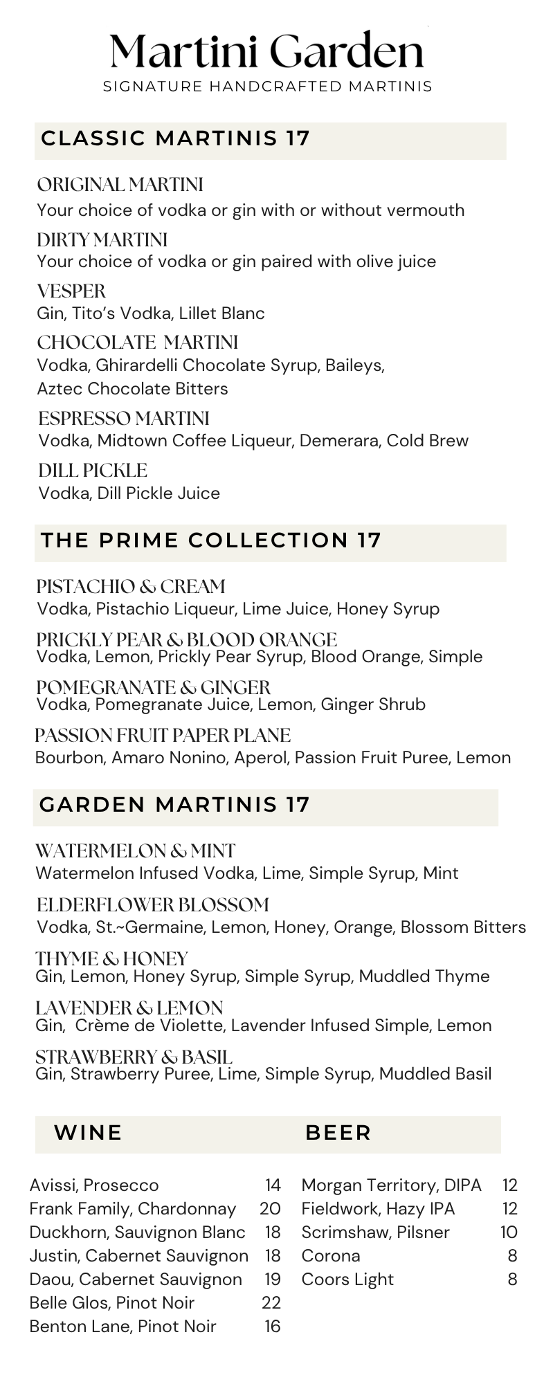 Martini Garden menu featuring classic martinis, the prime collection, garden martinis, wine, and beer