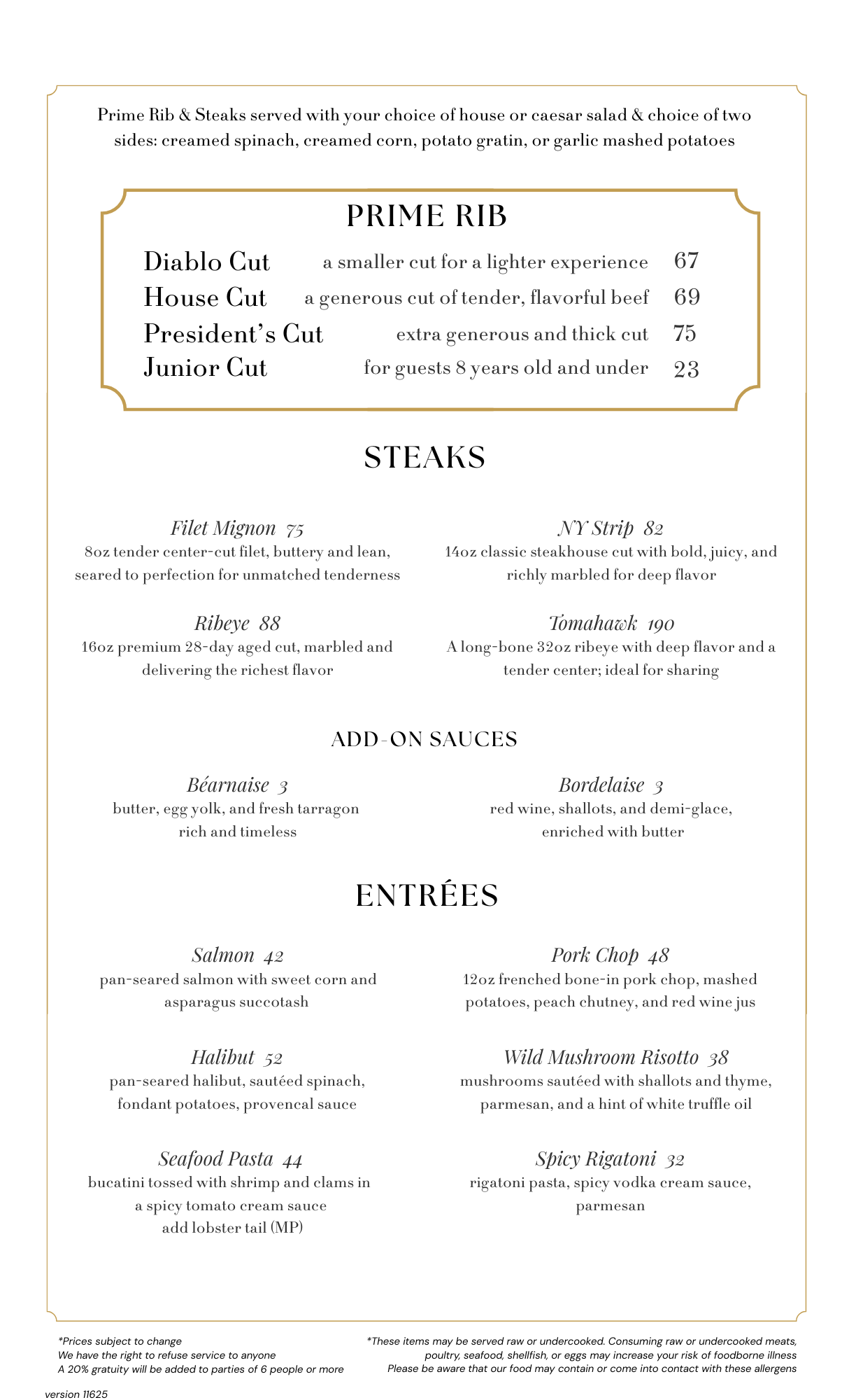 Prime Steakhouse menu featuring prime rib, steaks, and entrees
