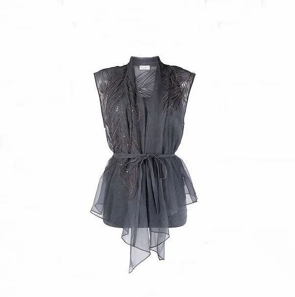Brunello Cucinelli Silk Top Blouse with Monili and Sequin Trim Gray