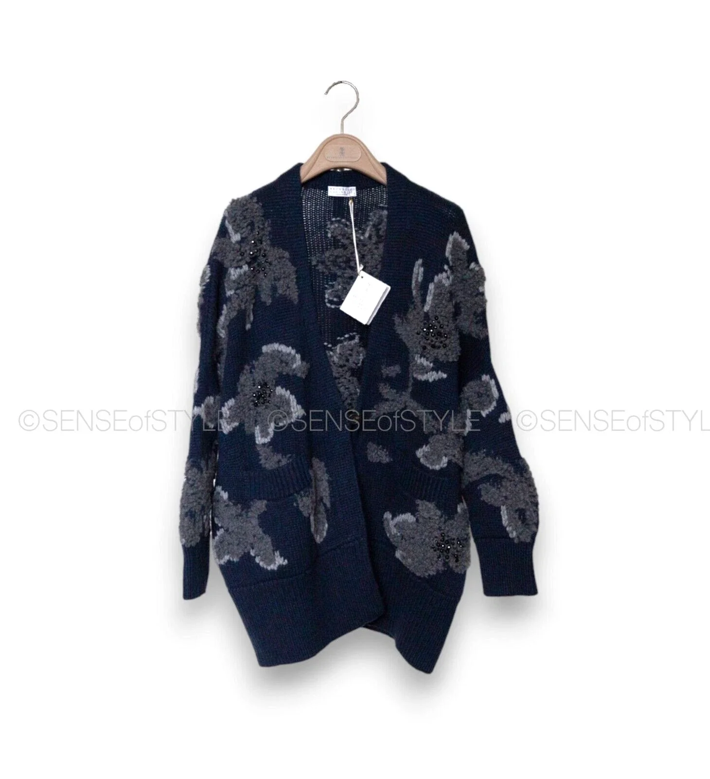 Brunello Cucinelli Cashmere Cardigan Sweater Floral Design with Crystal Beads