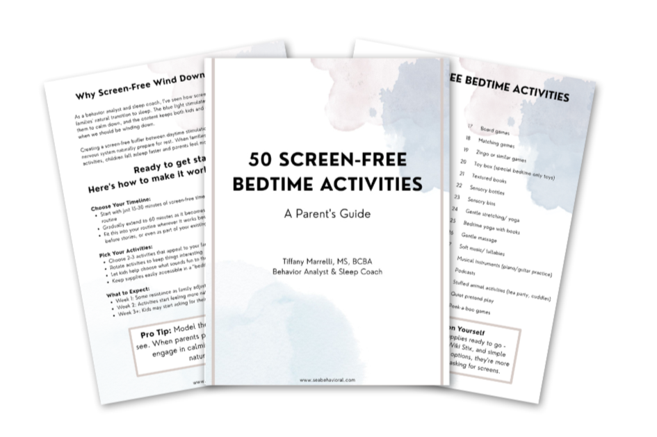 Cover page of a guide titled '50 Screen-Free Bedtime Activities, A Parent's Guide,' by Tiffany Marrell, MS, BCBA, Behavior Analyst & Sleep Coach, featuring a light blue watercolor background.