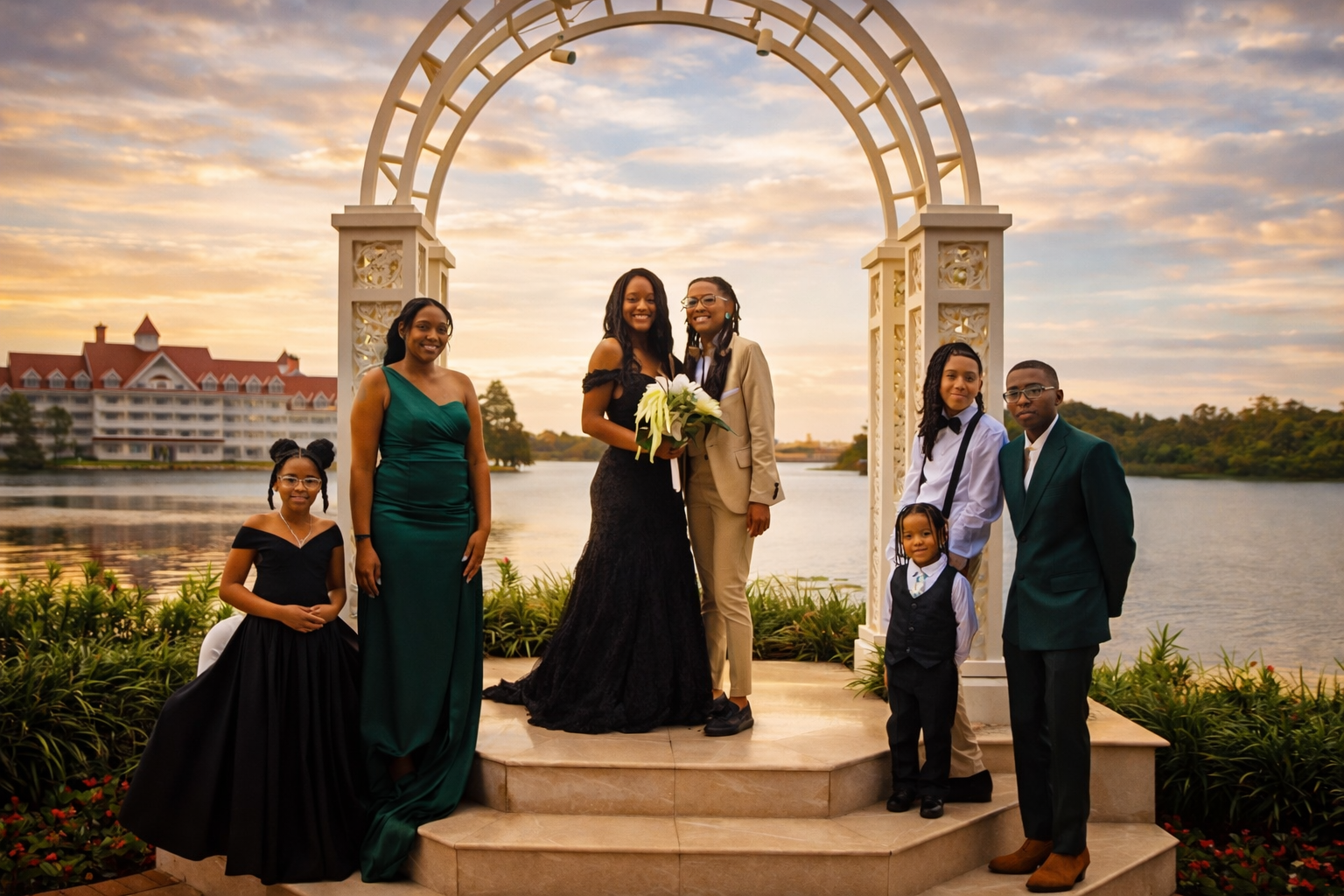 A wedding celebration by the water at sunset with a bride, groom, and family members posing on steps beneath a white decorative arch.