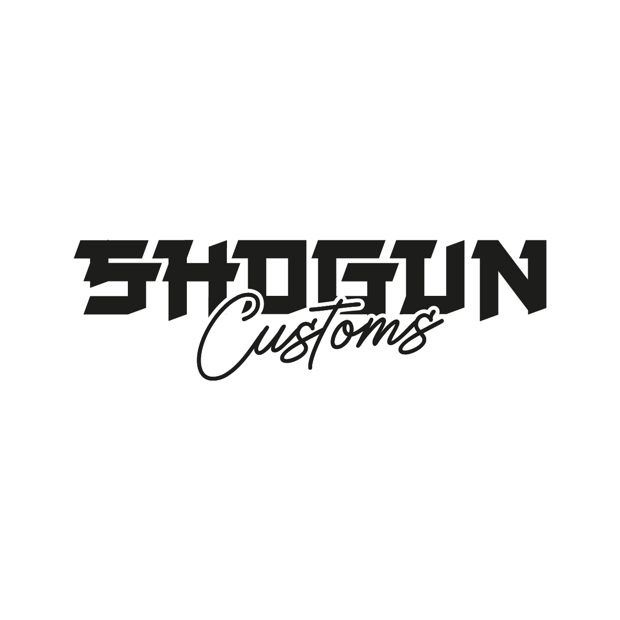 Logo of Shogun Customs with bold and script fonts