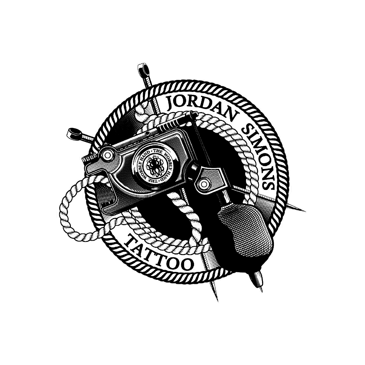 Tattoo logo featuring a tattoo machine and rope design with text "Jordan Simons Tattoo."