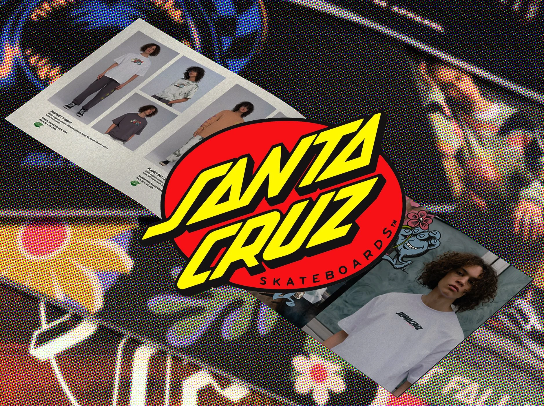 Santa Cruz Skateboards branding with clothing catalog and model.