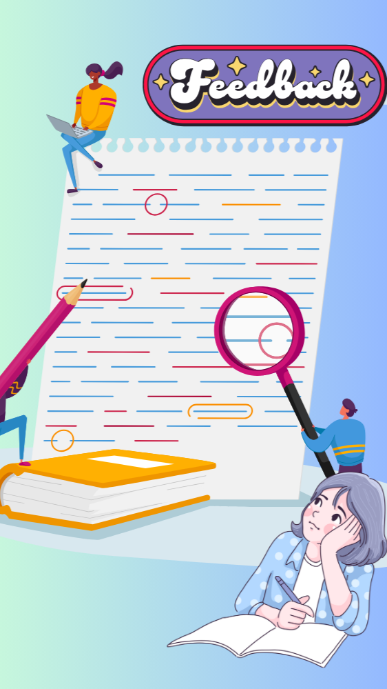 A colorful illustration depicting a large feedback form with two people, one holding a magnifying glass and the other sitting on a book, along with a woman writing and a person with a laptop sitting on the top left corner.