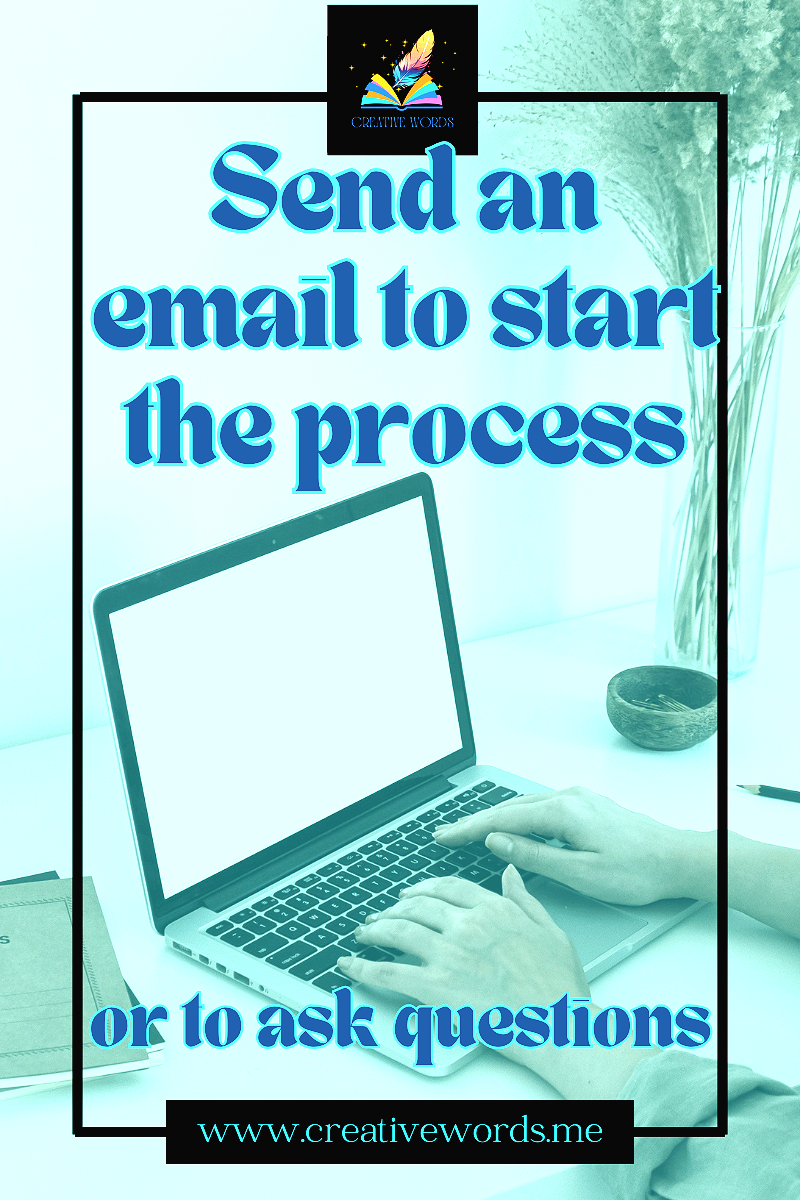 A promotional graphic encouraging viewers to send an email to start the process or ask questions, featuring a person using a laptop on a white desk with a plant and notebook nearby.