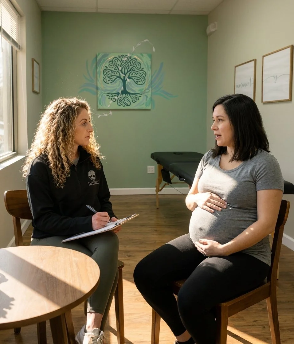 Patient consulting with a physical therapist at a prenatal physical therapy clinic in Virginia Beach, VA