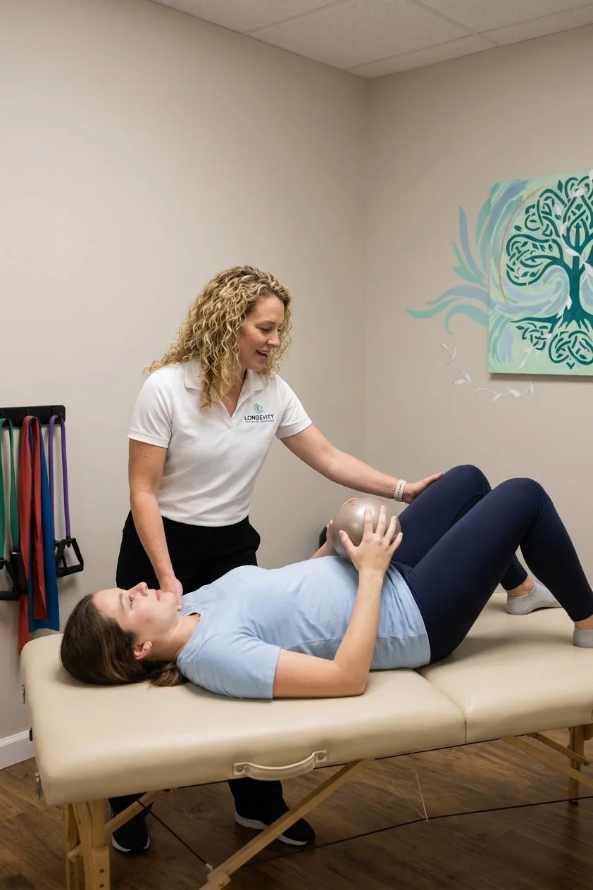 Postpartum patient working with a provider at a pelvic floor physical therapy clinic in Virginia Beach, VA
