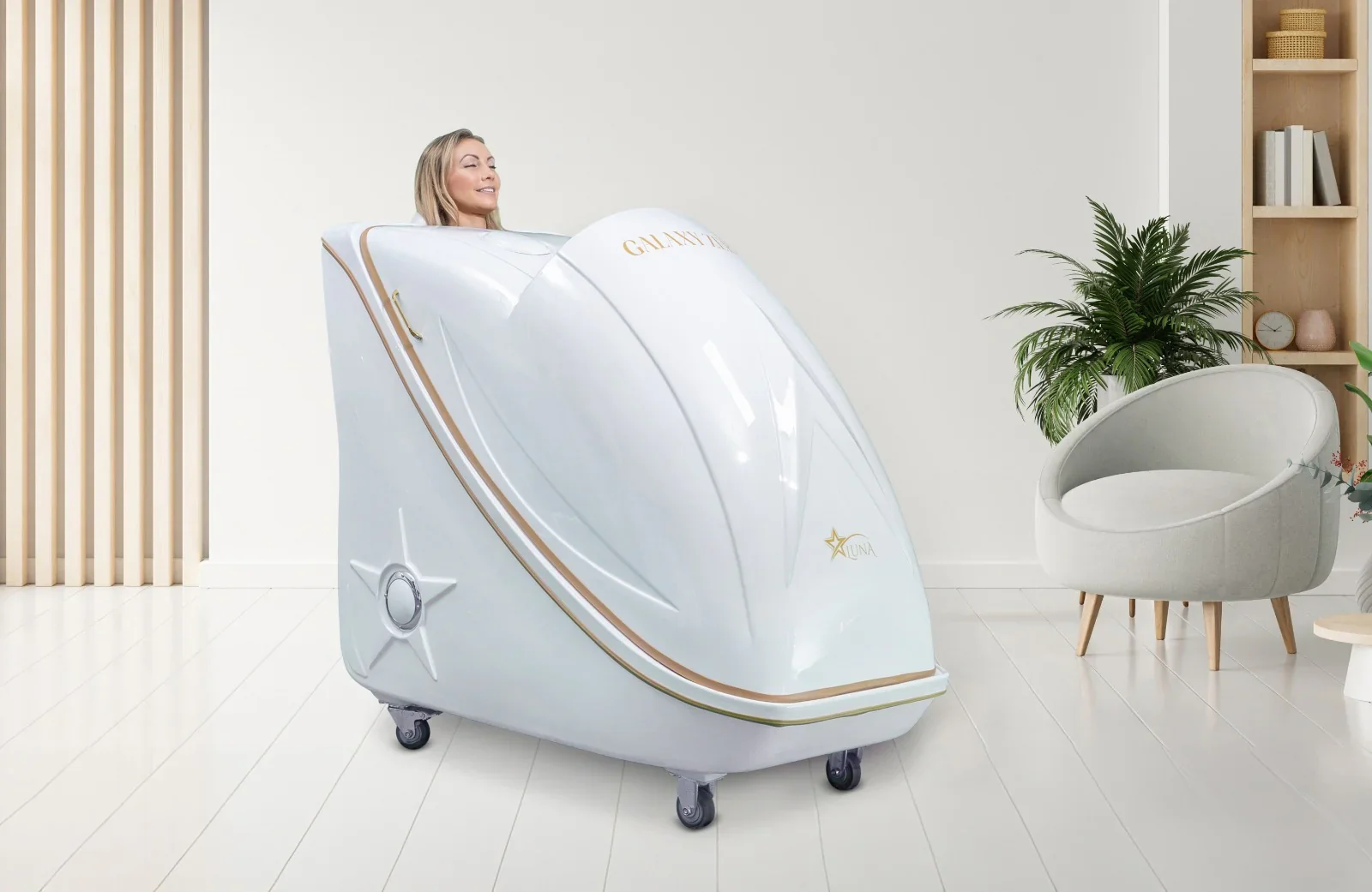 Sauna heater with heated stones emitting steam in a wooden sauna room.