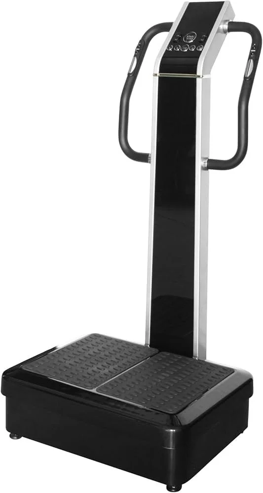 Vibration plate exercise machine with a black base, a tall vertical black and silver panel, and handrails.
