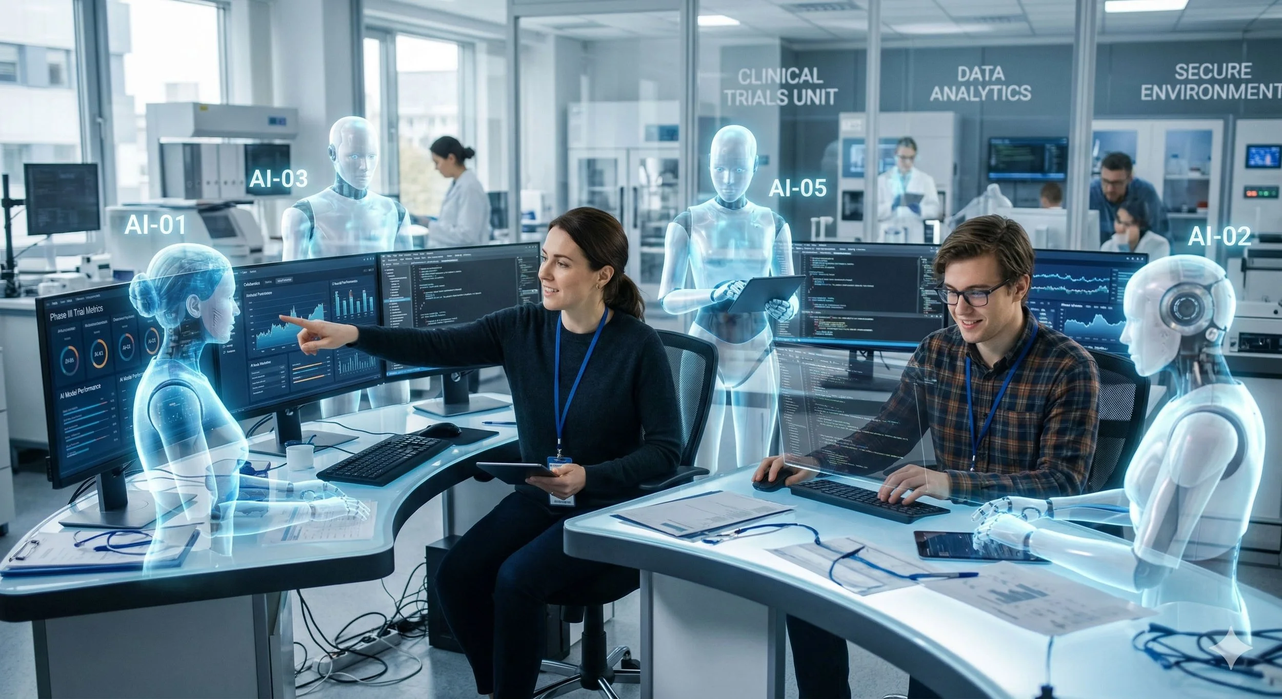 A high-tech clinical trial laboratory with researchers and holographic AI-powered humanoid robots. Several monitors display data and graphs, with labels such as AI-01, AI-02, AI-03, AI-05. The background shows more researchers working, and a large window lets in natural light. Hanging signs read 'Clinical Trials Unit,' 'Data Analytics,' and 'Secure Environment.'
