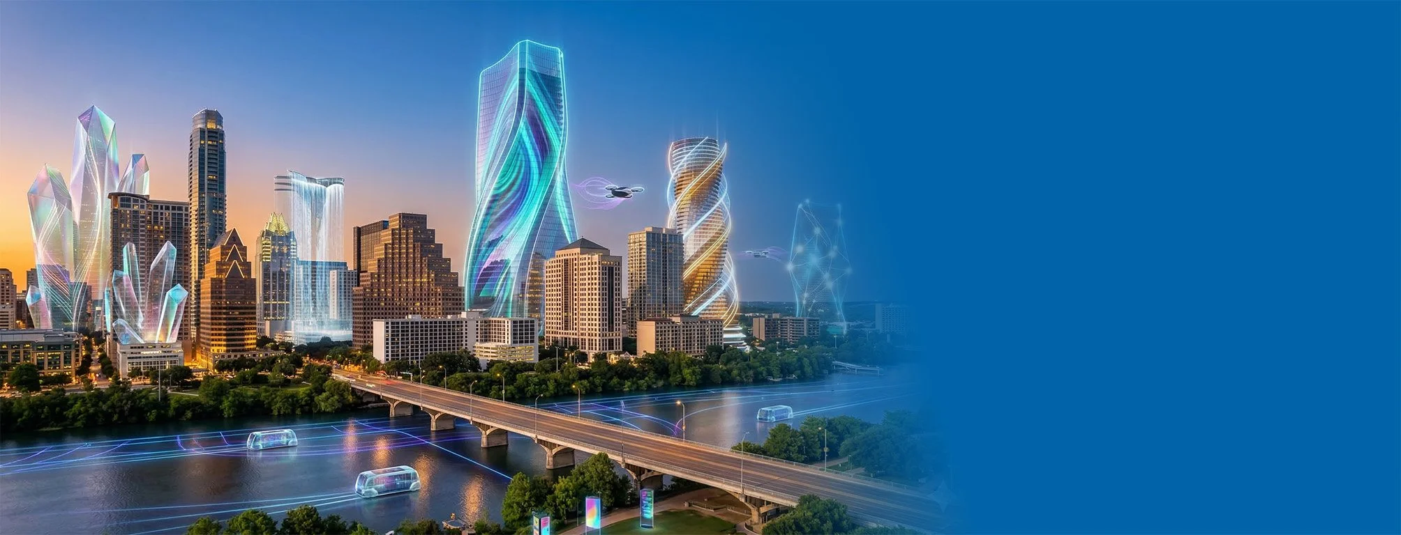 Futuristic city skyline at sunset with holographic buildings, flying drones, and self-driving cars over a river with digital connectivity overlays.