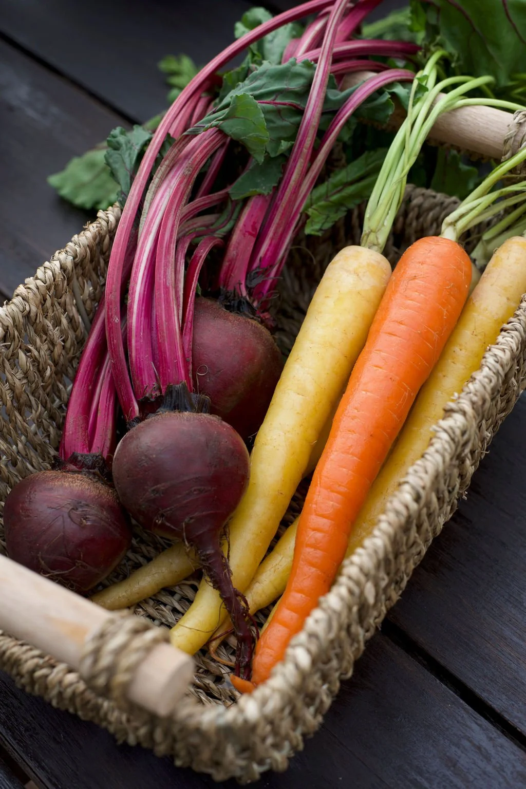Basket of fresh root vegetables including beets with green stems, carrots, and parsnips.