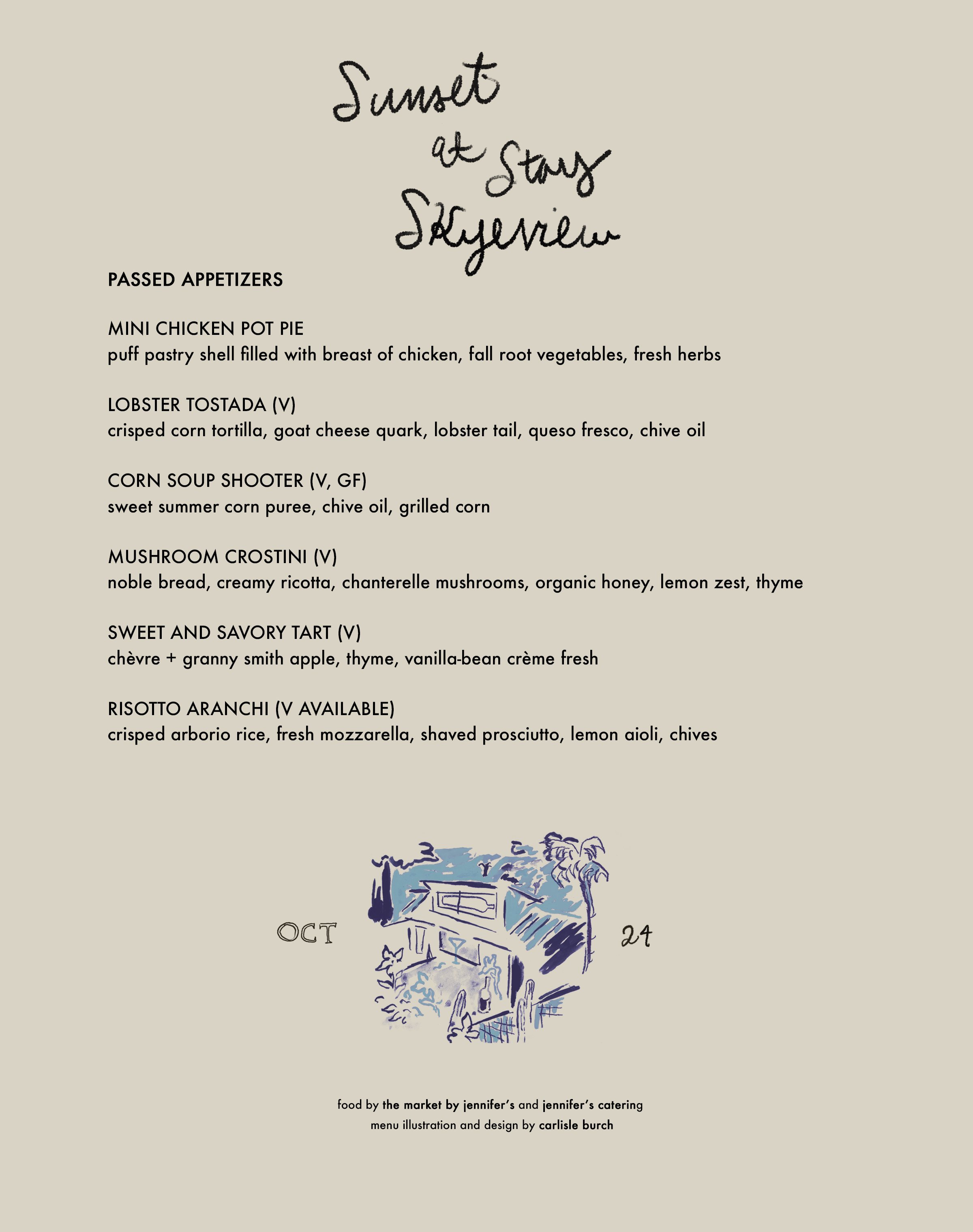 Menu titled 'Sunset at Stay Skyline' featuring passed appetizers: mini chicken pot pie, lobster tostada, corn soup shooter, mushroom crostini, sweet and savory tart, risotto aranchi, with an illustration of a house and trees at the bottom.