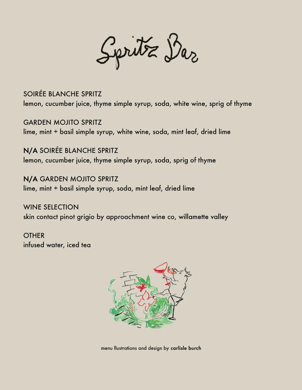 Menu for a bar featuring cocktails, wine, and other beverages, with a whimsical illustration of a pig holding a wine glass at the bottom.