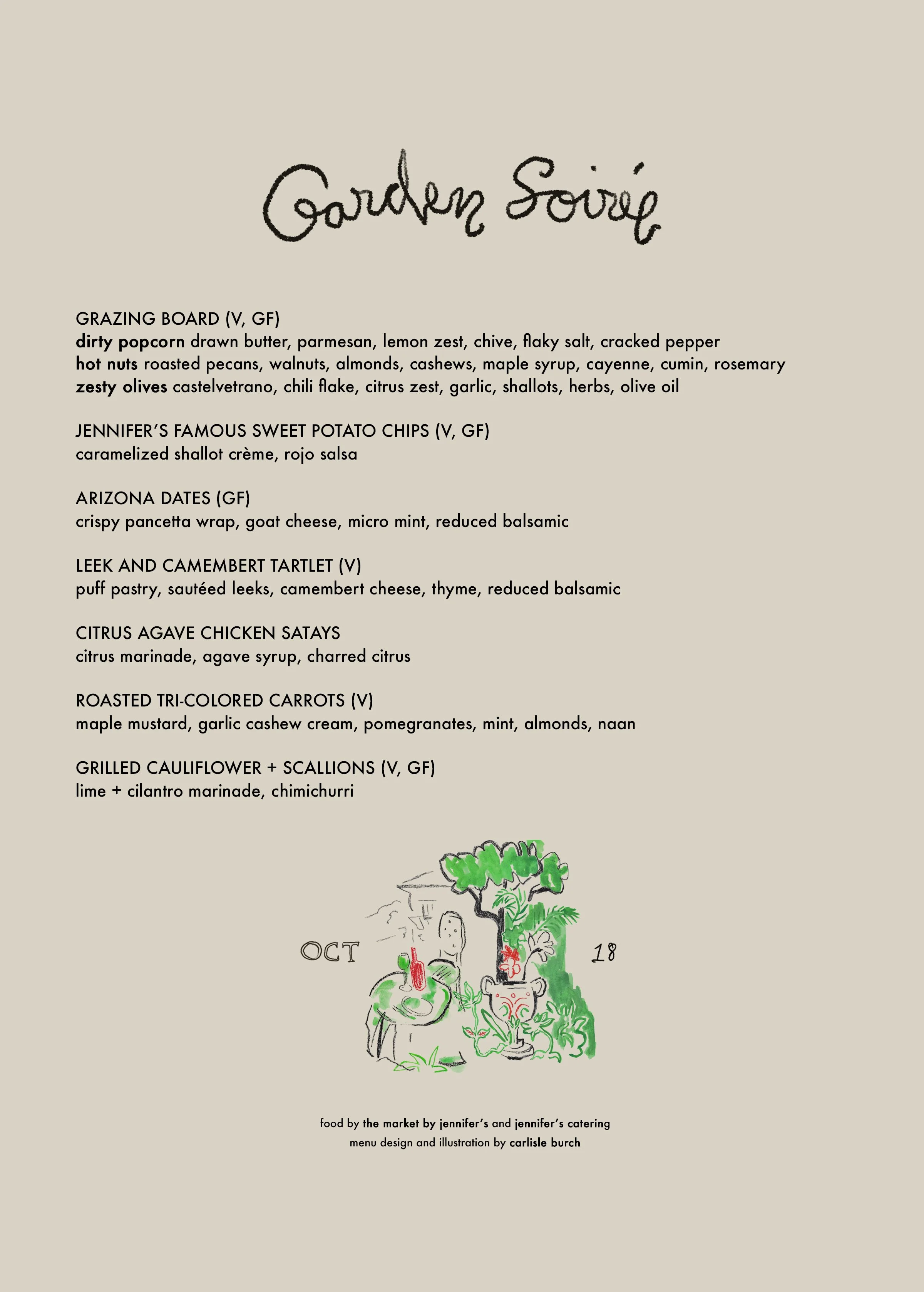 Menu with various dishes including grazing board, sweet potato chips, dates, tarlet, chicken satays, carrots, and cauliflower with scallions, illustrated with a small drawing of a garden scene with a table and plants.