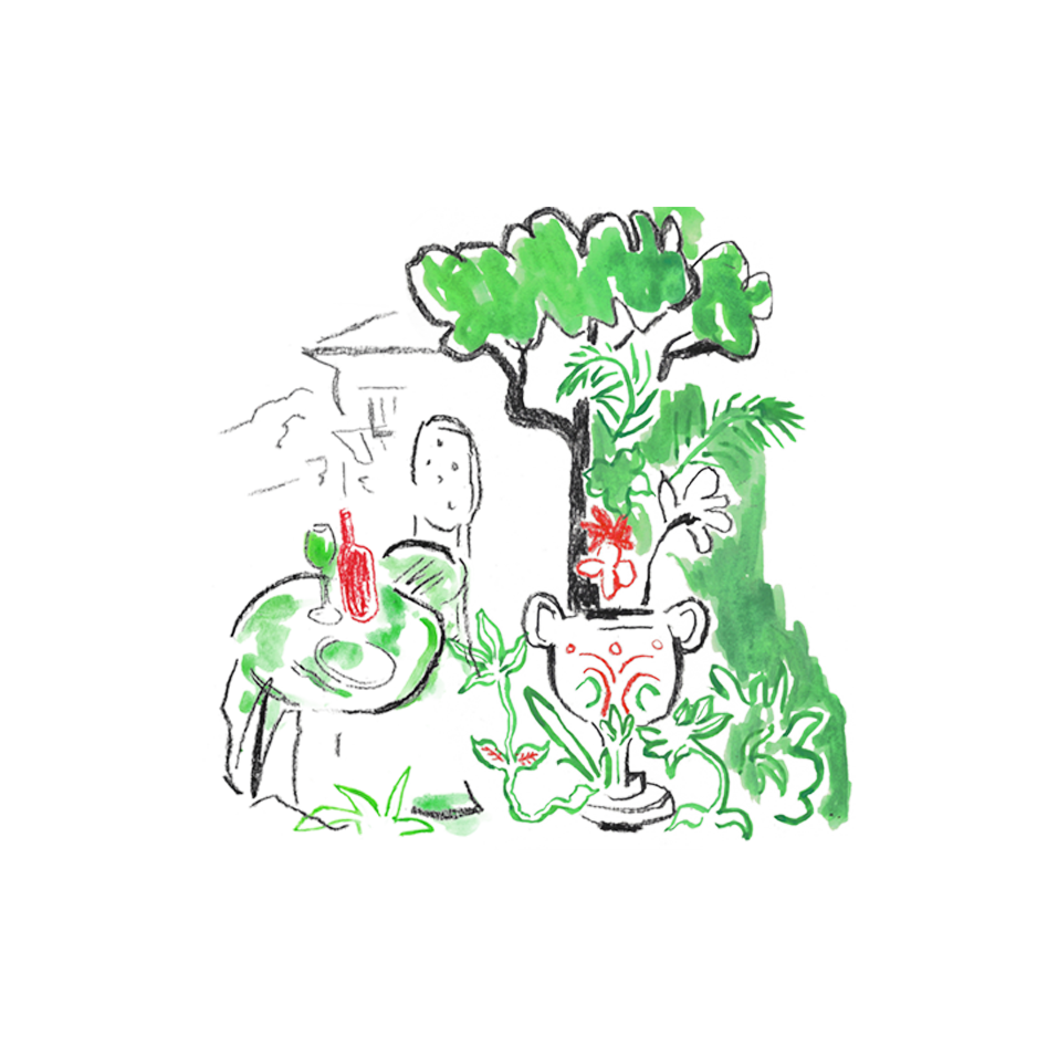 Hand-drawn sketch of a cozy indoor garden with a large leafy plant in a decorative pot, surrounded by various smaller plants and greenery, with a water feature or small fountain in the foreground.