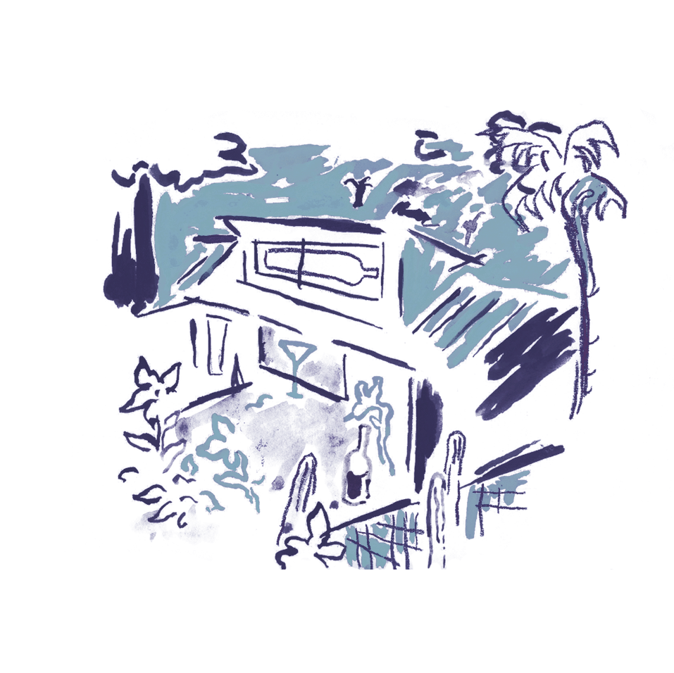 A sketch of an outdoor scene at night with a house, palm trees, and plants, all depicted in blue and dark tones.