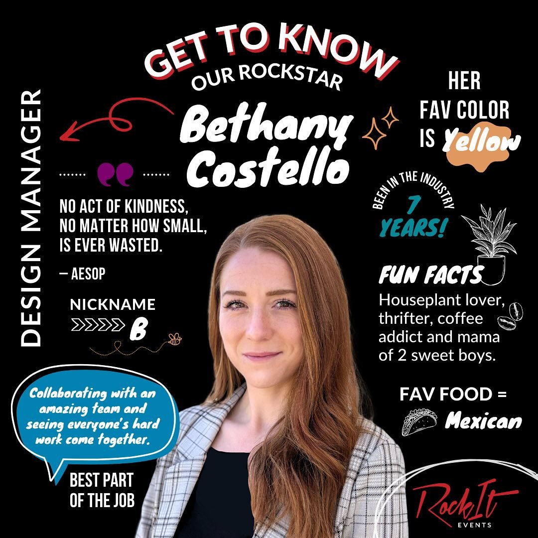 This week, we&rsquo;re excited to introduce the talented Bethany! As our Design Manager at RockIt Events, she combines creativity, organization, and passion in everything she does. We&rsquo;re so lucky to have her on the team! 🌟🎨

 #RockstarSpotlig