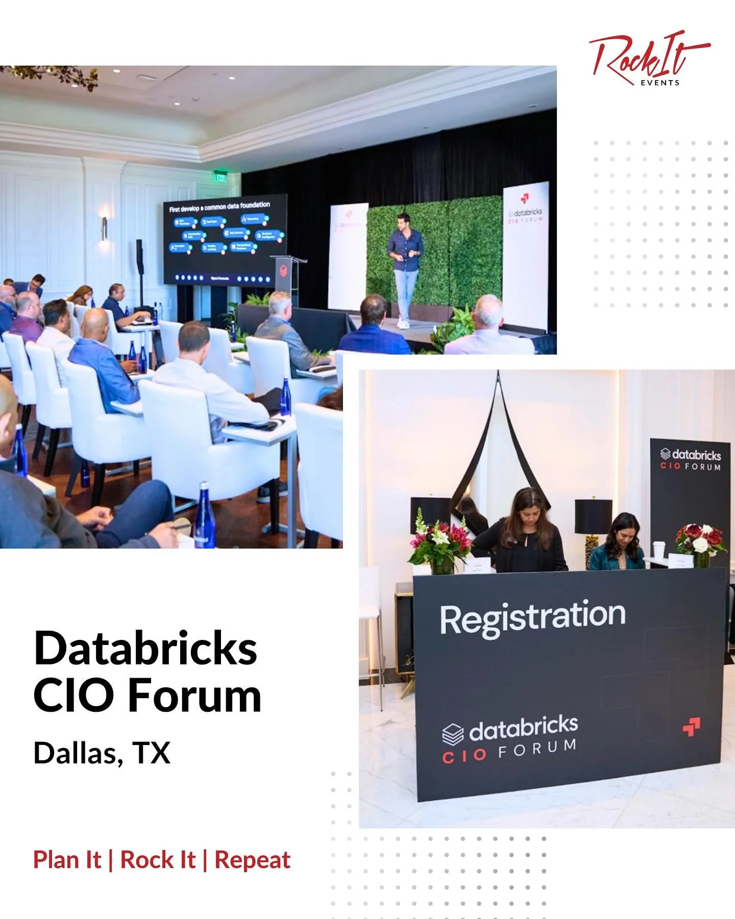 The Databricks CIO Forum series wrapped up in style with our final event in Dallas at the stunning Swexan Hotel! 🌟

From the dynamic main stage and custom-branded registration to fresh floral details and a ballroom filled with gold chairs, every tou