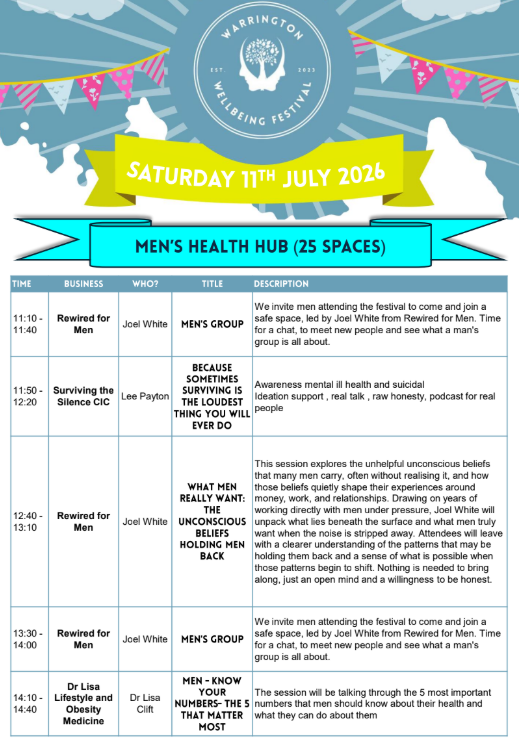 Festival schedule poster for Warrington Wellbeing Festival on Saturday, July 11th, 2026. Features date, event location (Men's Health Hub), and a timetable with various talks and activities related to men's health, mental health, and wellbeing.