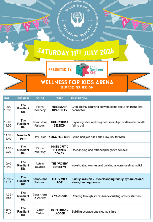Event schedule for Warrington Wellbeing Festival on Saturday, July 11th, 2026, including wellness activities and sessions for kids such as friendship bracelets, yoga, and family bonding, with colorful banners and festival branding.