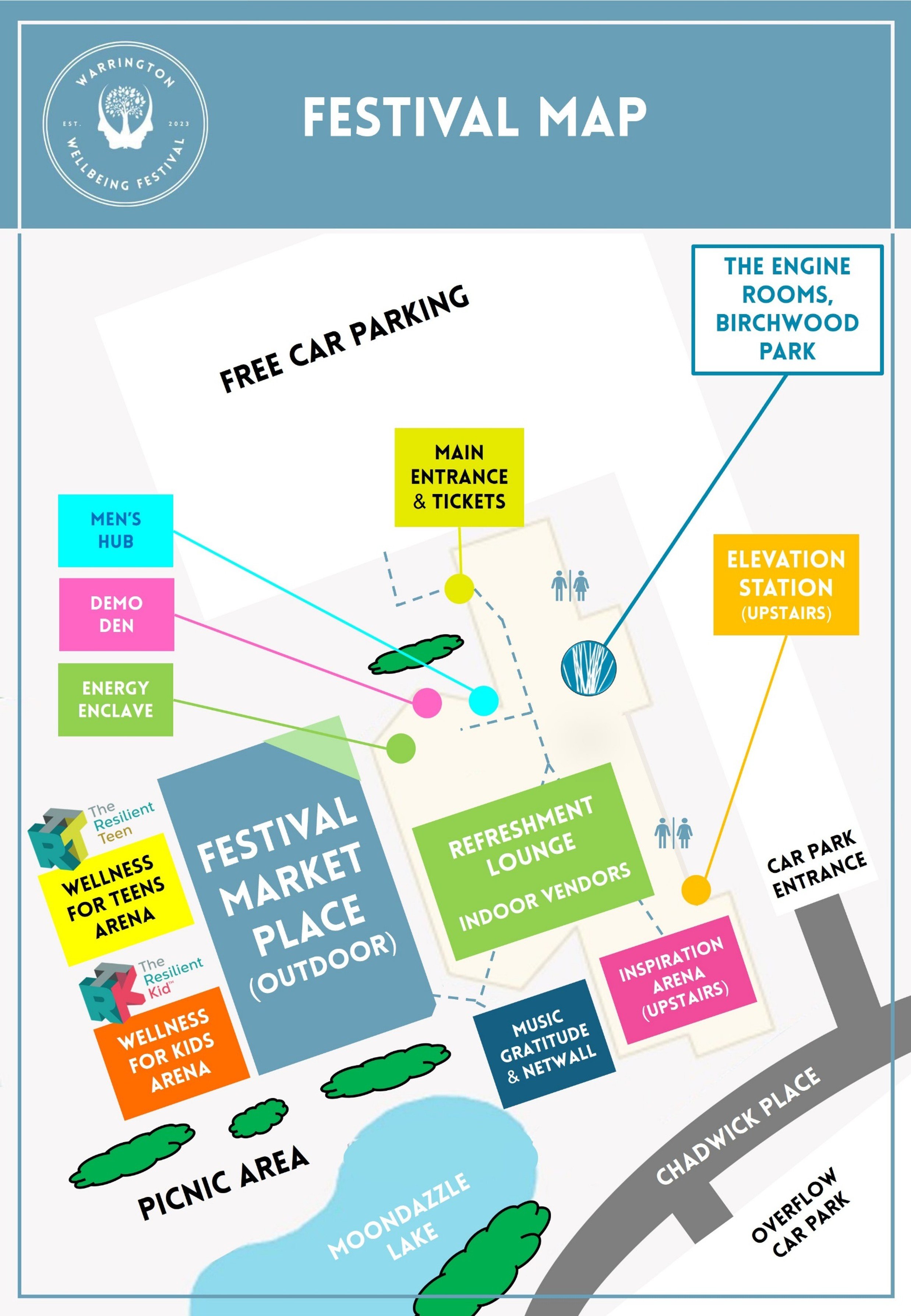 Festival map for Warrington Wellbeing Festival 2023, showing various event areas including free car parking, main entrance, eco area, picnic area, festival market place, refreshment lounge, engine rooms Birchwood Park, and waterfall car park.