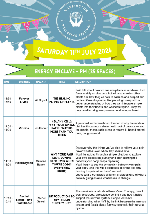 Event poster for Warrington Wellbeing Festival on Saturday, July 11th, 2026, at Energy Enclave, with schedule and speaker details, featuring colorful banners and a tree logo.