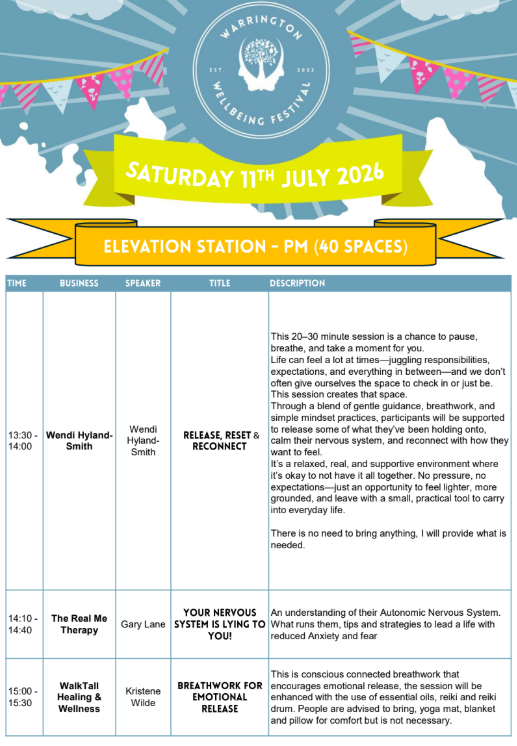 Event schedule poster for Harrington Wellbeing Festival on Saturday, July 11th, 2026, featuring sessions at Elevation Station, including a session by Wendi Hyland-Smith on release, reset, and reconnect, a talk by Gary Lane on managing nervous system dysregulation, and a session by Kristene Wilde on breathwork for emotional release.