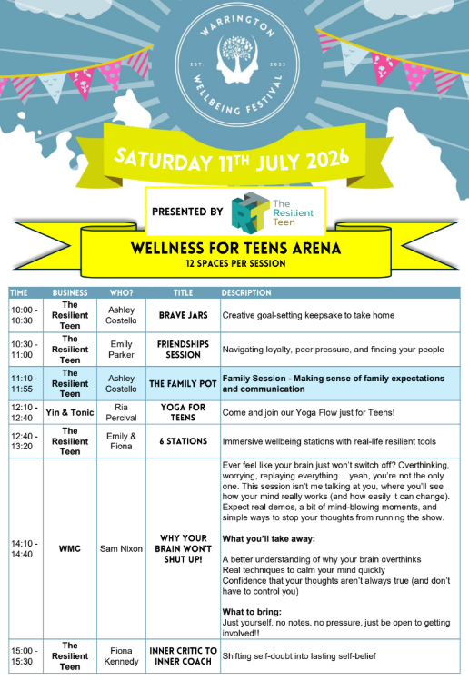 Event poster for Warrington Welbeing Festival on Saturday, July 11th, 2026. Features colorful bunting and a central circular logo with a tree. Highlights scheduled activities including 'Wellness for Teens Arena' with sessions on family communication, friendships, yoga, and self-belief, with time slots and descriptions.