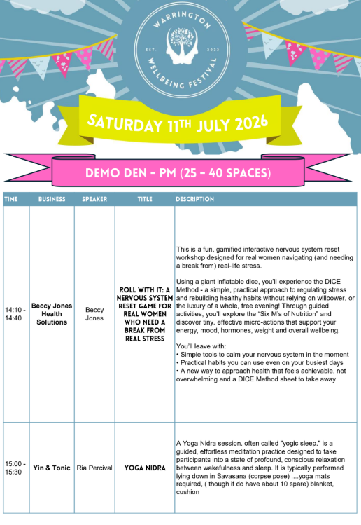 Event poster for Warrington Wellbeing Festival on Saturday, July 11th, 2026. Features colorful banners and the festival logo. Schedule includes a demo den at 1:00 PM with a session on nervous system reset for women, and a yoga Nidra session from 3:00 PM to 3:30 PM.