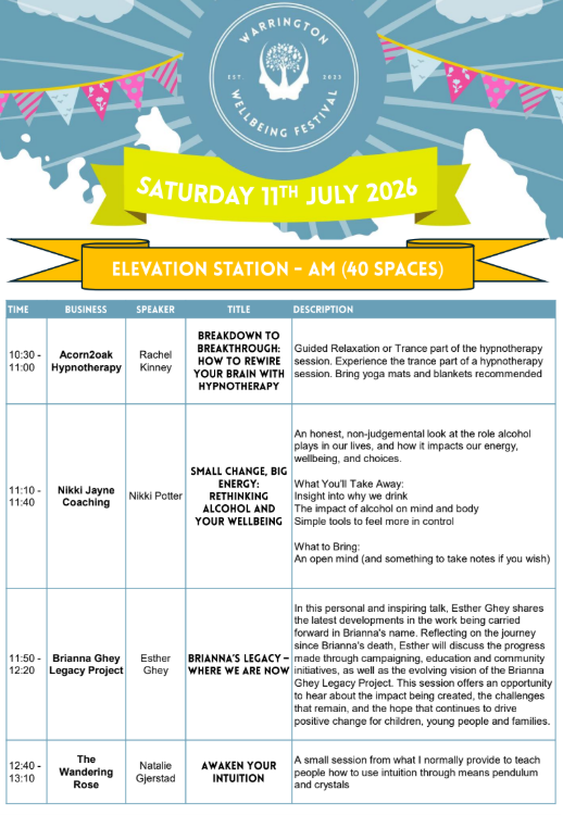 Festival schedule poster for Warrington Welbeing Festival on Saturday, July 11th, 2026, at Elevation Station, with a timetable of workshops and talks, featuring speakers Rachel Kinney, Nikki Potter, Esther Ghey, and Natalie Gjerstad.