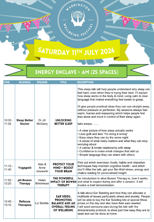 Blue background with colorful bunting flags, event logo with tree icon, and a yellow banner with the date Saturday, 11th July 2026. Details of the Warrington Wellbeing Festival energy enclave schedule, including talks on sleep improvement, yoga, Bowen therapy, and therapy insights.