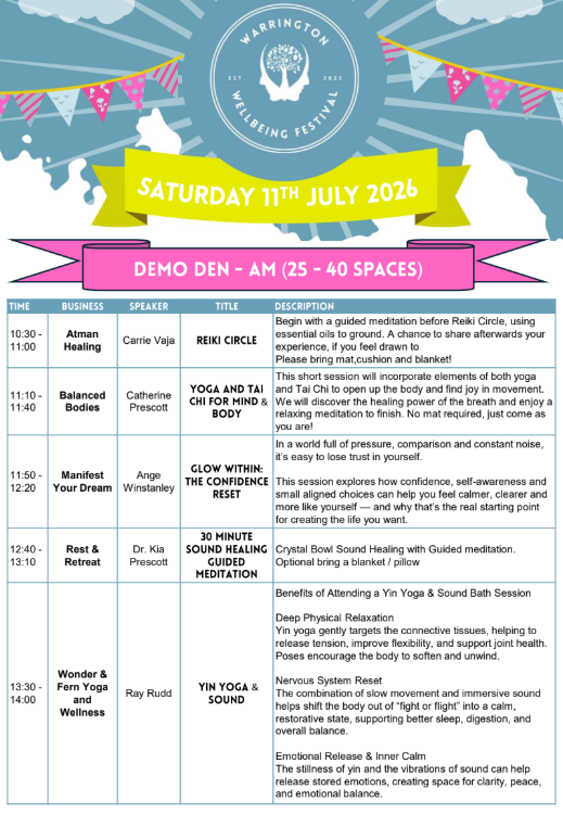 Event schedule for Warrington Wellbeing Festival on Saturday, July 11, 2026, featuring various wellness activities, sessions, and speakers, all listed with times and descriptions.