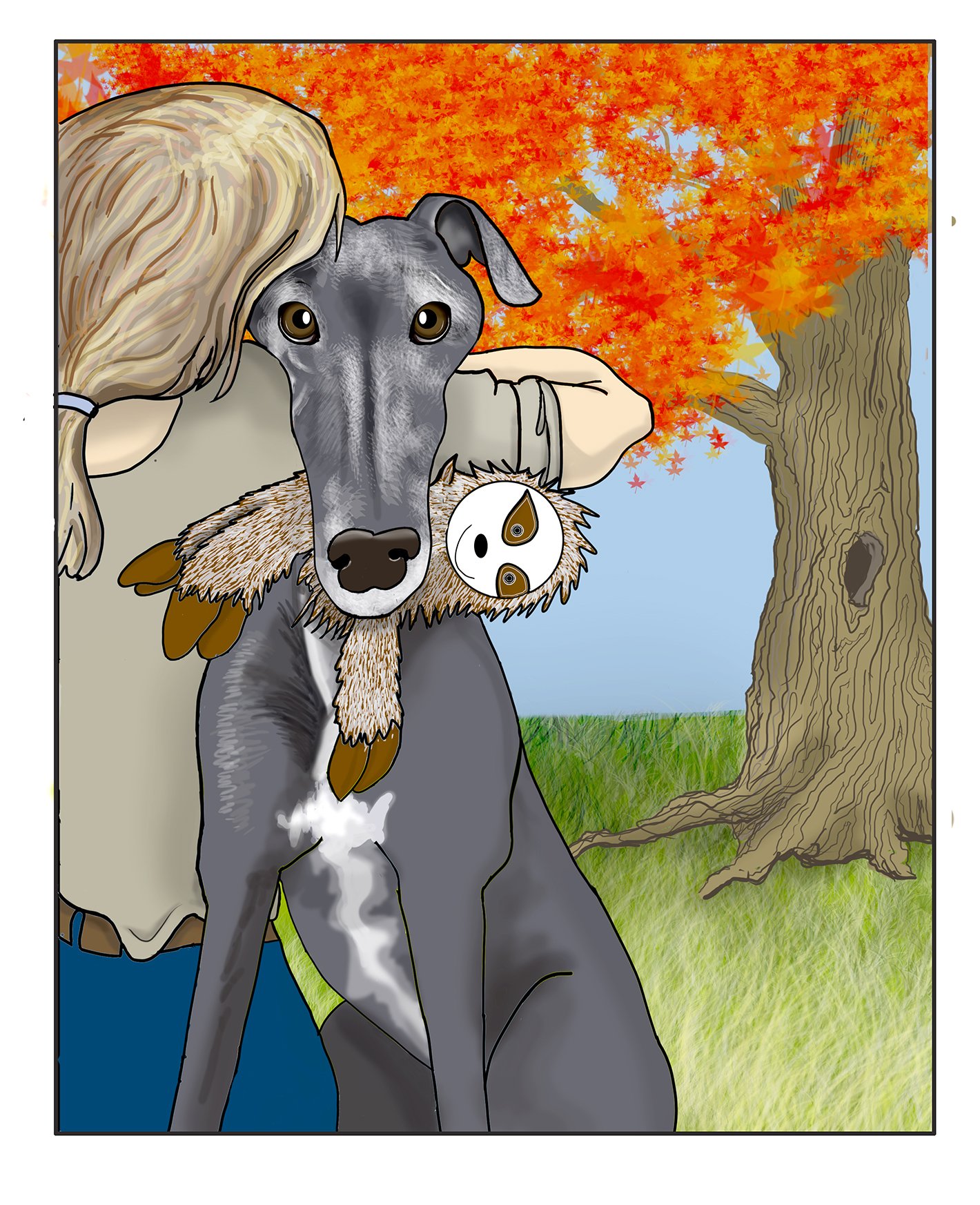 Woman hugging greyhound with toy in hiw mouth.