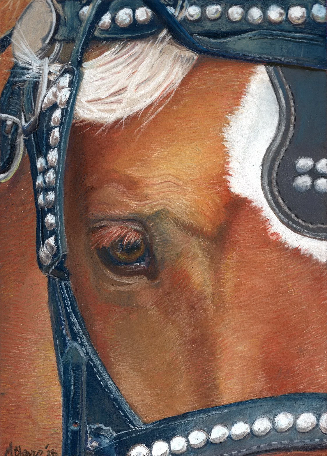 Pastel painting of draft horse eye and face