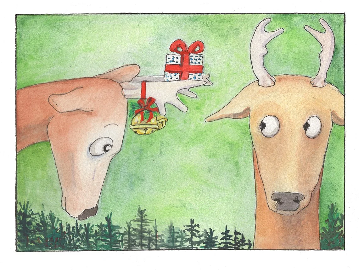 Christmas card-Two reindeer exchange a Christmas gift 
