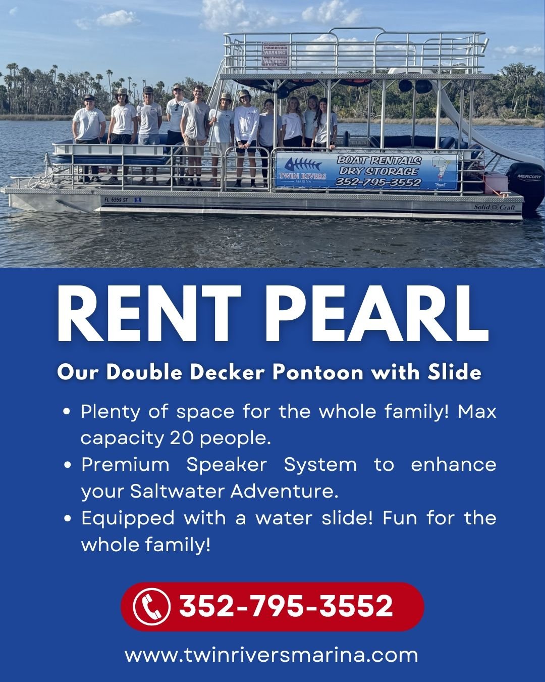 What's the best way to have fun out on the water?! Rent 'Pearl' our Double-Decker Pontoon! Full Day & Half Day Options Available! #crystalriverfl #florida #rentalboats #boatingfl