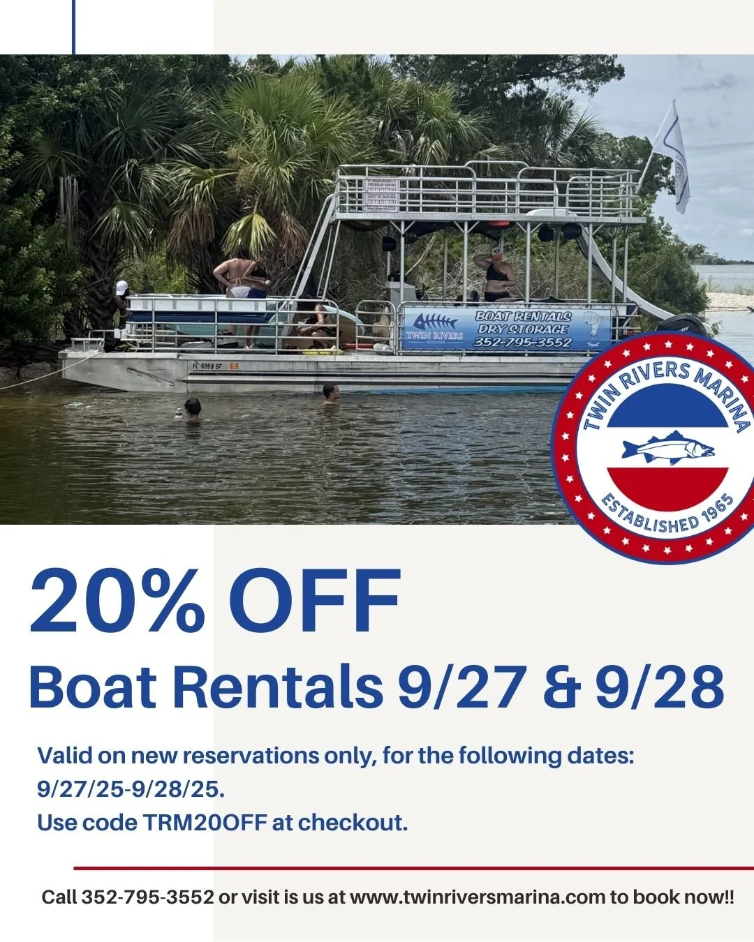 π€β¨ Weekend Special! β¨π€
Set sail for less! Enjoy 20% OFF boat rentals this weekend only. πβοΈ
π
Don’t miss out—your next saltwater adventure starts now! π
#BoatLife #WeekendVibes #MarinaSpecial #BoatRental #20Off #SetSail