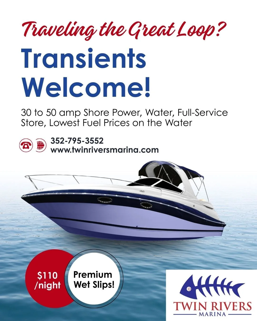 Traveling the Great Loop? Make a stop HERE, at Twin Rivers Marina in beautiful Crystal River, FL - your ideal spot for transient wet slip storage along the Gulf Coast.
Call ahead to reserve your slip!
352-795-3552
#GreatLoop #CrystalRiverFL #Tra