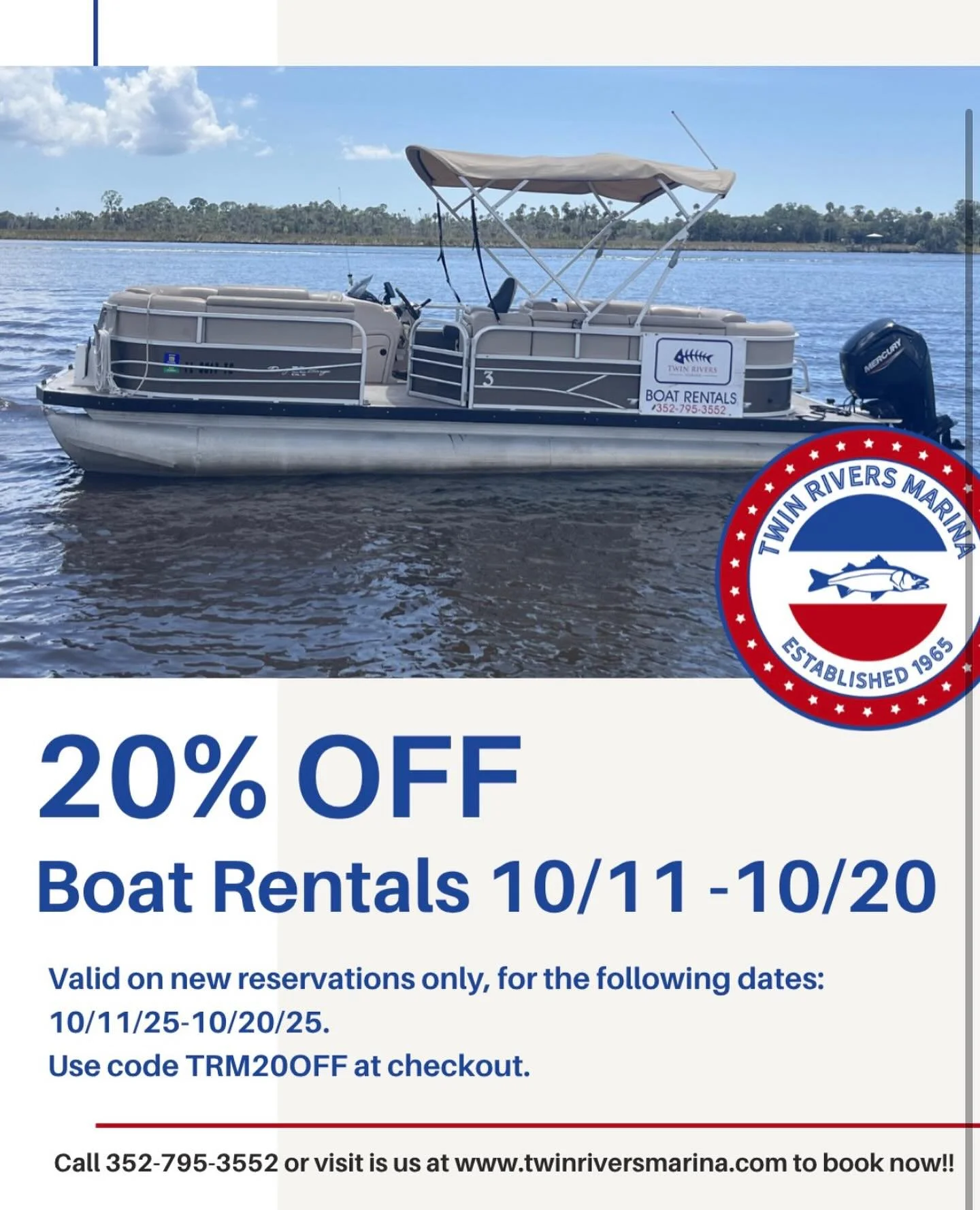Sea-riously… 20% OFF boat rentals?! π΄ 
Fish biting, manatee sightings, and your perfect day on the water is just a click away.
Use TRM20OFF before 10/20/25 → www.twinriversmarina.com or call 352-795-3552 π #crystalriverflorida #crystalr
