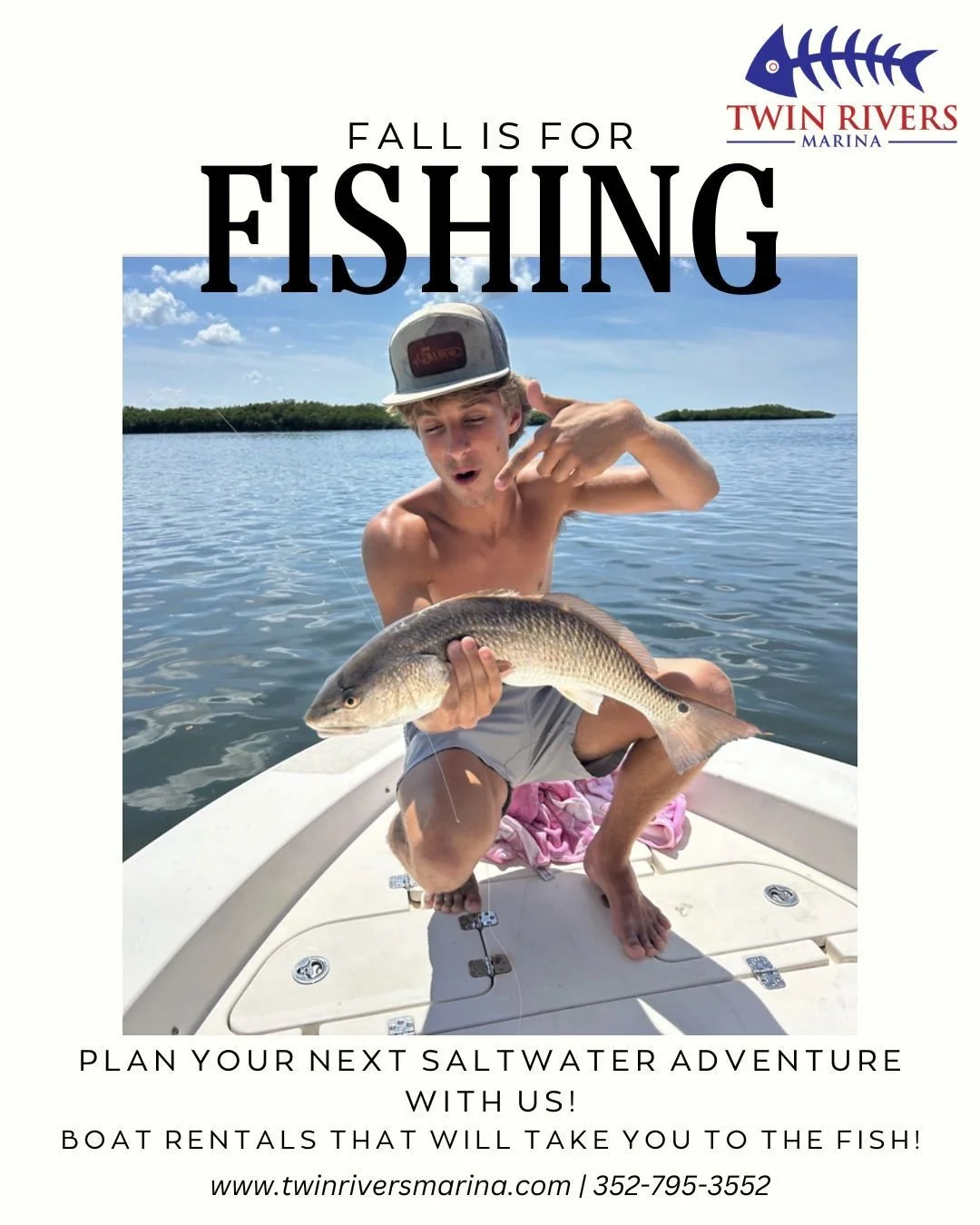 Cool mornings = the perfect time to cast a line. Rent a boat today at Twin Rivers Marina and make the most of the fall fishing season! #crystalriverfl #florida #fishing #gulfofamerica