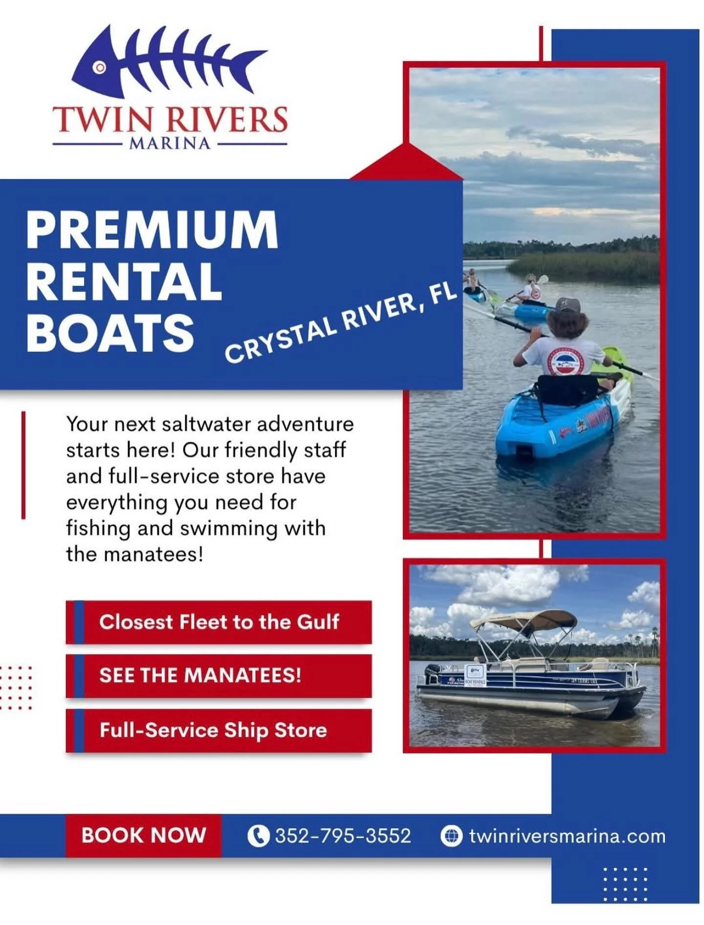 Your next saltwater adventure starts here! 
Rent a boat from Twin Rivers Marina in beautiful Crystal River, Florida, and get out on the water to fish, explore, and see the manatees up close. π
Whether it’s a peaceful day cruising or a fishing