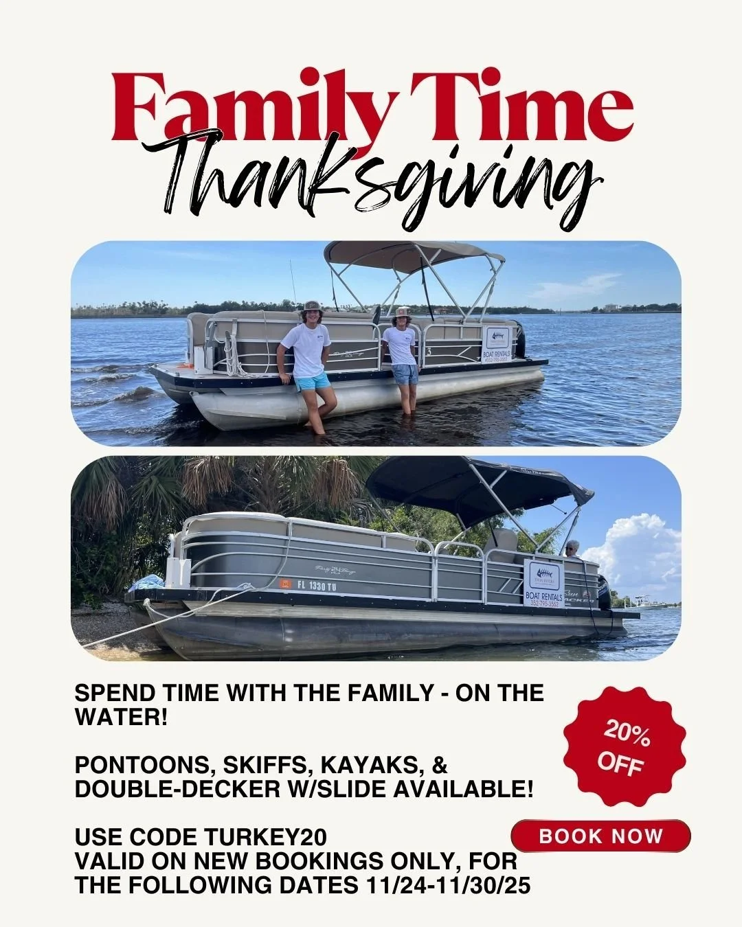 Celebrate Thanksgiving week on the water!  Enjoy 20% off boat rentals at Twin Rivers Marina from Nov 24-30. Book now! 352-795-3552 or www.twinriversmarina.com #crystalriverfl #crystalriver #boating